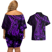 Purple Polynesia Shark Tattoo Couples Matching Off Shoulder Short Dress and Hawaiian Shirt With Polynesian Plumeria - Wonder Print Shop