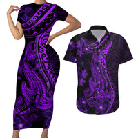 Purple Polynesia Shark Tattoo Couples Matching Short Sleeve Bodycon Dress and Hawaiian Shirt With Polynesian Plumeria - Wonder Print Shop