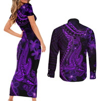 Purple Polynesia Shark Tattoo Couples Matching Short Sleeve Bodycon Dress and Long Sleeve Button Shirt With Polynesian Plumeria - Wonder Print Shop