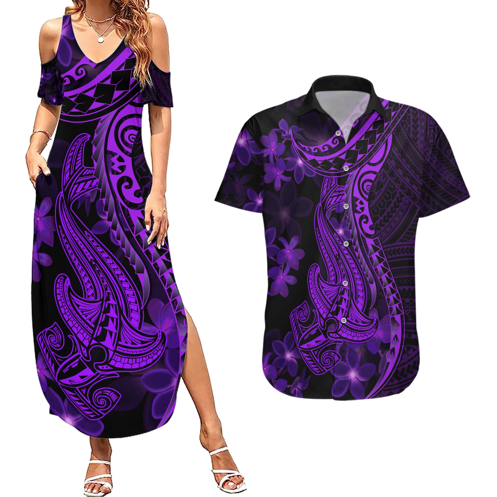 purple-polynesia-shark-tattoo-couples-matching-summer-maxi-dress-and-hawaiian-shirt-with-polynesian-plumeria