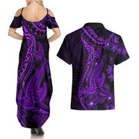 Purple Polynesia Shark Tattoo Couples Matching Summer Maxi Dress and Hawaiian Shirt With Polynesian Plumeria - Wonder Print Shop