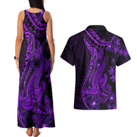 Purple Polynesia Shark Tattoo Couples Matching Tank Maxi Dress and Hawaiian Shirt With Polynesian Plumeria - Wonder Print Shop