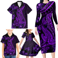 Purple Polynesia Shark Tattoo Family Matching Long Sleeve Bodycon Dress and Hawaiian Shirt With Polynesian Plumeria - Wonder Print Shop