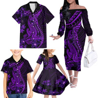 Purple Polynesia Shark Tattoo Family Matching Off Shoulder Long Sleeve Dress and Hawaiian Shirt With Polynesian Plumeria - Wonder Print Shop