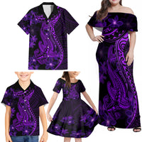 Purple Polynesia Shark Tattoo Family Matching Off Shoulder Maxi Dress and Hawaiian Shirt With Polynesian Plumeria - Wonder Print Shop