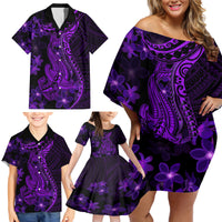 Purple Polynesia Shark Tattoo Family Matching Off Shoulder Short Dress and Hawaiian Shirt With Polynesian Plumeria - Wonder Print Shop