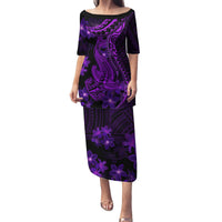 Purple Polynesia Shark Tattoo Family Matching Puletasi Dress and Hawaiian Shirt With Polynesian Plumeria - Wonder Print Shop