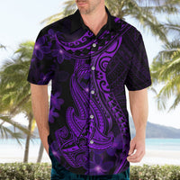 Men's purple Hawaiian shirt with shark tattoo print and plumeria flowers, short sleeves