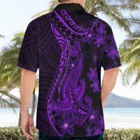 Men's purple Hawaiian shirt, back view with shark tattoo print and plumeria flowers
