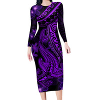 Purple Polynesia Shark Tattoo Long Sleeve Bodycon Dress With Polynesian Plumeria - Wonder Print Shop