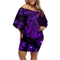 Purple Polynesia Shark Tattoo Off Shoulder Short Dress With Polynesian Plumeria - Wonder Print Shop