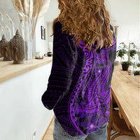 Purple Polynesia Shark Tattoo Women Casual Shirt With Polynesian Plumeria - Wonder Print Shop