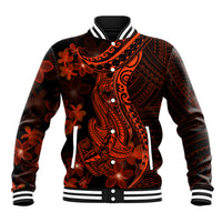 Red Polynesia Baseball Jacket Shark Tattoo With Polynesian Plumeria - Wonder Print Shop