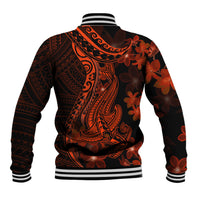 Red Polynesia Baseball Jacket Shark Tattoo With Polynesian Plumeria - Wonder Print Shop