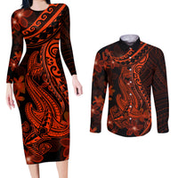 Red Polynesia Couples Matching Long Sleeve Bodycon Dress and Long Sleeve Button Shirt Shark Tattoo With Polynesian Plumeria - Wonder Print Shop