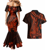 Red Polynesia Couples Matching Mermaid Dress and Hawaiian Shirt Shark Tattoo With Polynesian Plumeria - Wonder Print Shop