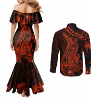 red-polynesia-couples-matching-mermaid-dress-and-long-sleeve-button-shirt-shark-tattoo-with-polynesian-plumeria
