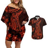 Red Polynesia Couples Matching Off Shoulder Short Dress and Hawaiian Shirt Shark Tattoo With Polynesian Plumeria - Wonder Print Shop