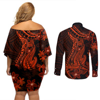 Red Polynesia Couples Matching Off Shoulder Short Dress and Long Sleeve Button Shirt Shark Tattoo With Polynesian Plumeria - Wonder Print Shop