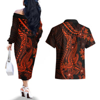 Red Polynesia Couples Matching Off The Shoulder Long Sleeve Dress and Hawaiian Shirt Shark Tattoo With Polynesian Plumeria - Wonder Print Shop