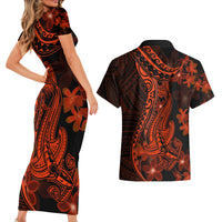 Red Polynesia Couples Matching Short Sleeve Bodycon Dress and Hawaiian Shirt Shark Tattoo With Polynesian Plumeria - Wonder Print Shop