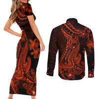 Red Polynesia Couples Matching Short Sleeve Bodycon Dress and Long Sleeve Button Shirt Shark Tattoo With Polynesian Plumeria - Wonder Print Shop