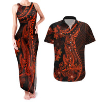 Red Polynesia Couples Matching Tank Maxi Dress and Hawaiian Shirt Shark Tattoo With Polynesian Plumeria - Wonder Print Shop