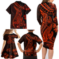Red Polynesia Family Matching Long Sleeve Bodycon Dress and Hawaiian Shirt Shark Tattoo With Polynesian Plumeria - Wonder Print Shop