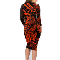 Red Polynesia Family Matching Long Sleeve Bodycon Dress and Hawaiian Shirt Shark Tattoo With Polynesian Plumeria - Wonder Print Shop