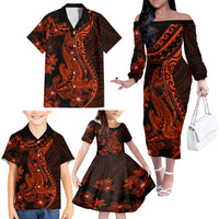 Red Polynesia Family Matching Off Shoulder Long Sleeve Dress and Hawaiian Shirt Shark Tattoo With Polynesian Plumeria - Wonder Print Shop