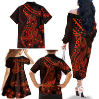 Red Polynesia Family Matching Off Shoulder Long Sleeve Dress and Hawaiian Shirt Shark Tattoo With Polynesian Plumeria - Wonder Print Shop