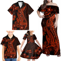 Red Polynesia Family Matching Off Shoulder Maxi Dress and Hawaiian Shirt Shark Tattoo With Polynesian Plumeria - Wonder Print Shop
