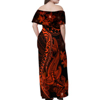Red Polynesia Family Matching Off Shoulder Maxi Dress and Hawaiian Shirt Shark Tattoo With Polynesian Plumeria - Wonder Print Shop