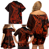 Red Polynesia Family Matching Off Shoulder Short Dress and Hawaiian Shirt Shark Tattoo With Polynesian Plumeria - Wonder Print Shop