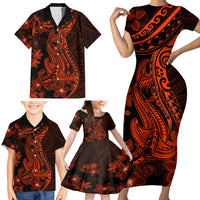 Red Polynesia Family Matching Short Sleeve Bodycon Dress and Hawaiian Shirt Shark Tattoo With Polynesian Plumeria - Wonder Print Shop