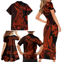 Red Polynesia Family Matching Short Sleeve Bodycon Dress and Hawaiian Shirt Shark Tattoo With Polynesian Plumeria - Wonder Print Shop