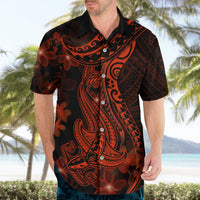 Mens black Hawaiian shirt worn, orange-red shark tattoo design with tropical floral print