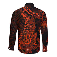Red Polynesia Long Sleeve Button Shirt Shark Tattoo With Polynesian Plumeria - Wonder Print Shop