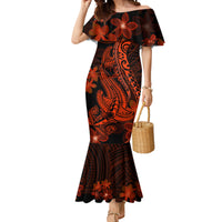 Red Polynesia Mermaid Dress Shark Tattoo With Polynesian Plumeria - Wonder Print Shop