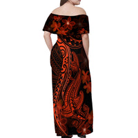 Red Polynesia Off Shoulder Maxi Dress Shark Tattoo With Polynesian Plumeria - Wonder Print Shop