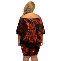 Red Polynesia Off Shoulder Short Dress Shark Tattoo With Polynesian Plumeria - Wonder Print Shop
