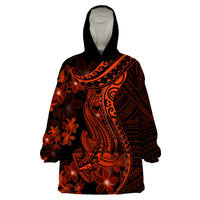 Red Polynesia Wearable Blanket Hoodie Shark Tattoo With Polynesian Plumeria - Wonder Print Shop