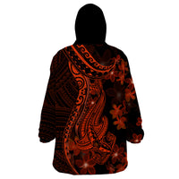 Red Polynesia Wearable Blanket Hoodie Shark Tattoo With Polynesian Plumeria - Wonder Print Shop