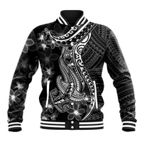 Black Polynesia Baseball Jacket Shark Tattoo With Polynesian Plumeria - Wonder Print Shop