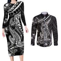 Black Polynesia Couples Matching Long Sleeve Bodycon Dress and Long Sleeve Button Shirt Shark Tattoo With Polynesian Plumeria - Wonder Print Shop