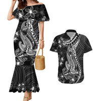 Black Polynesia Couples Matching Mermaid Dress and Hawaiian Shirt Shark Tattoo With Polynesian Plumeria - Wonder Print Shop