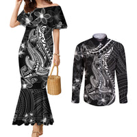 black-polynesia-couples-matching-mermaid-dress-and-long-sleeve-button-shirt-shark-tattoo-with-polynesian-plumeria