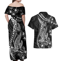 Black Polynesia Couples Matching Off Shoulder Maxi Dress and Hawaiian Shirt Shark Tattoo With Polynesian Plumeria - Wonder Print Shop