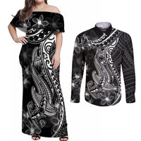 Black Polynesia Couples Matching Off Shoulder Maxi Dress and Long Sleeve Button Shirt Shark Tattoo With Polynesian Plumeria - Wonder Print Shop