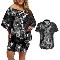 Black Polynesia Couples Matching Off Shoulder Short Dress and Hawaiian Shirt Shark Tattoo With Polynesian Plumeria - Wonder Print Shop